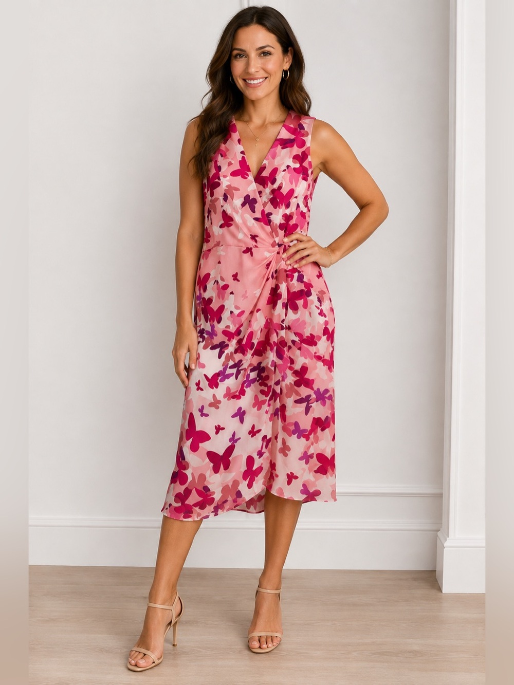 London Times Pink Multi Butterfly Print faux Wrap Dress